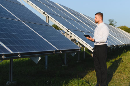 Male engineer inspecting solar energy farm, holding a tablet for data analysis and maintenance of...