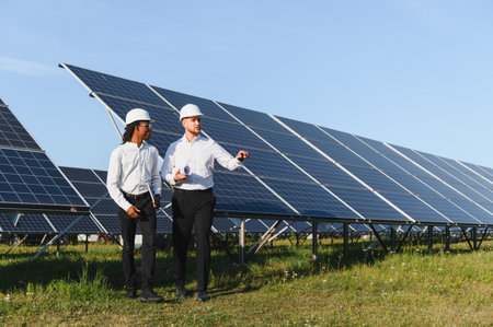 Two engineers wearing hard hats walking and discussing plans at a solar power plant, focusing on...