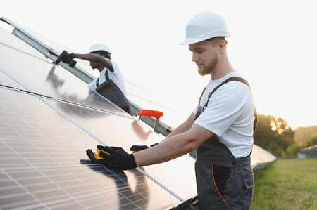 Engineers are deploying solar panels for sustainable electricity, contributing to renewable energy...