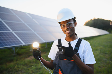 Young black man pointing at glowing led bulb, representing clean, sustainable energy from solar power plantの写真素材