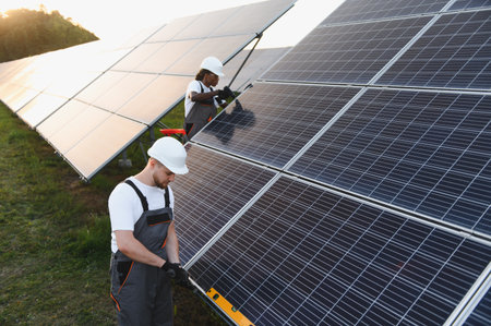 Two male engineers in hard hats installing solar panels on a photovoltaic field, working to embrace...