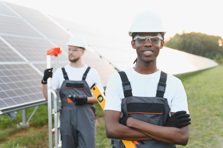 Diverse team of solar power workers standing in front of large solar panels, creating sustainable energyの写真素材