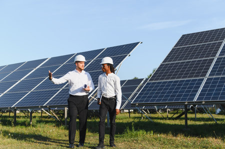 Two engineers wearing hard hats walking through a solar panel field, discussing renewable energy and...