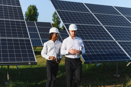 Diversity team of engineers walking at a large solar farm, discussing renewable energy project...