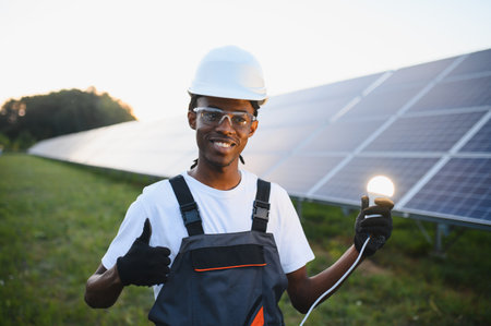 Smiling technician showcasing renewable energy, holding a glowing light bulb with solar panels...