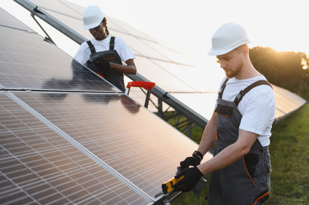Male workers installing, adjusting, and maintaining solar panels, contributing to renewable energy and sustainable power generationの写真素材