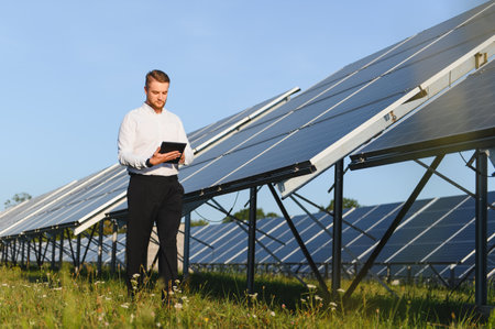 Man in a white shirt working on a solar power station, using a tablet for inspection and clean...