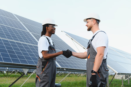 Diverse team of solar energy engineers shaking hands at a solar power plant, symbolizing partnership...