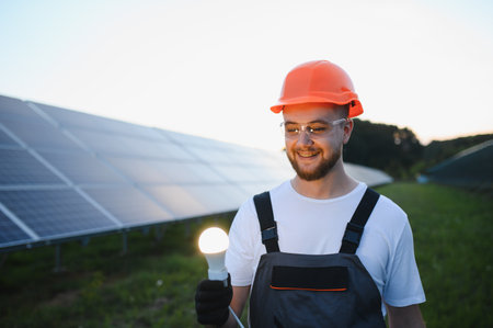 Young man in hard hat and workwear holding a glowing led light bulb, symbolizing renewable energy...