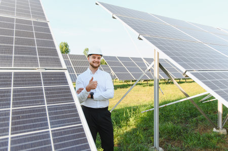 Smiling man in hard hat giving thumbs up at a solar farm, highlighting success in renewable energy...