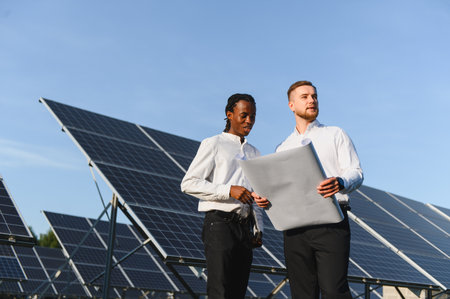 Two diverse engineers discussing a blueprint, planning sustainable renewable energy solutions at a...