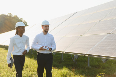 Diverse engineers wearing hard hats, holding blueprints, and walking at a solar panel field,...