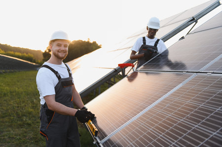 Engineers collaborating at a solar farm, installing photovoltaic panels and ensuring optimal setup...