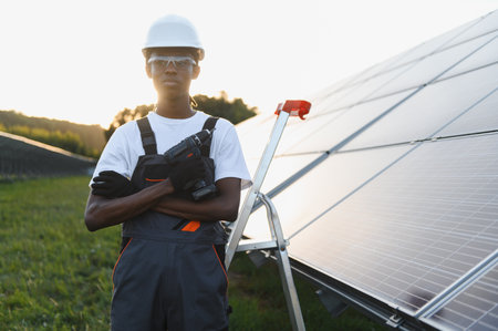 Young man standing near solar panels, working on sustainable energy installation. Promoting green...