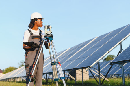 African american engineer with theodolite surveying a solar farm site, inspecting renewable energy...