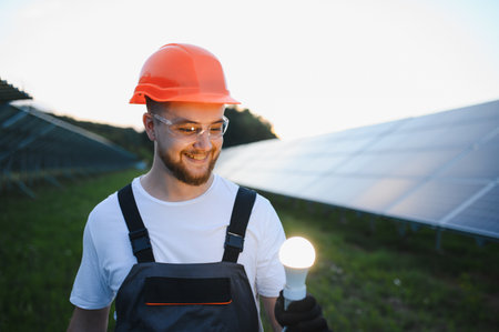 Young man in hard hat and safety glasses holding a glowing light bulb at a solar farm, representing...