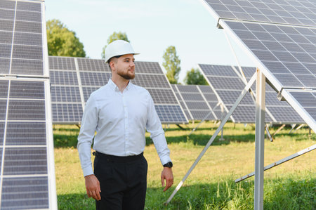 Energetic engineer inspecting photovoltaic panels at a solar power plant, thinking about renewable...
