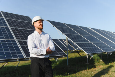 Engineer monitoring solar panels, representing renewable energy, green technology, and a sustainable futureの写真素材