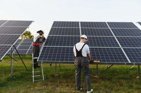 Workers installing new solar panels in a field, contributing to renewable energy and green...