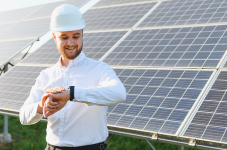 Engineer in hard hat checking performance metrics on smartwatch at a solar power plant, managing...