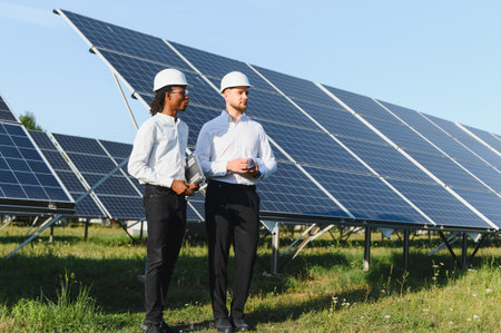 Two diverse engineers wearing hard hats are standing at a solar farm, working on renewable energy...