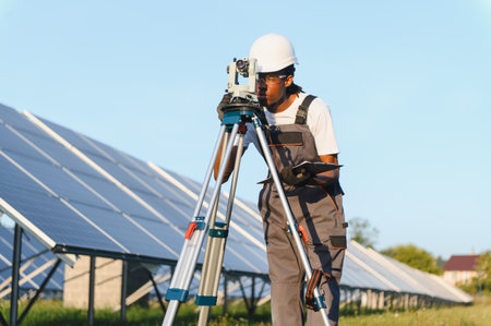 African american engineer surveying ground with a theodolite at a photovoltaic power station,...