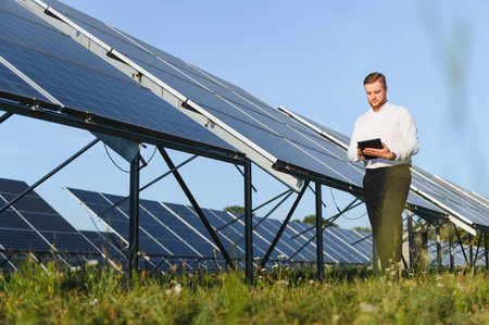Engineer observing solar panel performance at a solar farm using a digital tablet for energy...