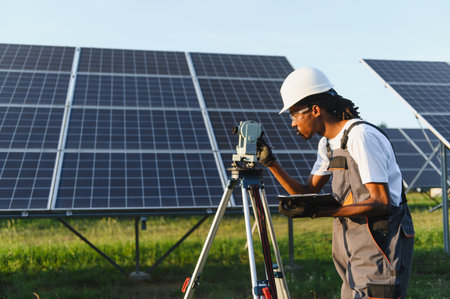 Engineer wearing hard hat and safety glasses, using surveying equipment at a large solar panel...