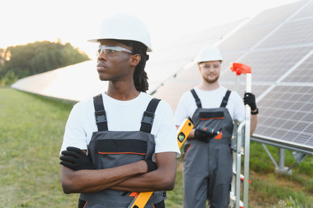 Renewable energy workers wearing hard hats and safety glasses at a solar power plant, installing photovoltaic panelsの写真素材