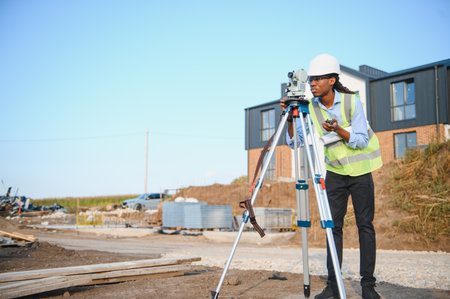 Male engineer in hard hat and safety vest conducting land surveying with surveying equipment at new build siteの写真素材
