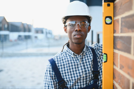 Focused black man wearing hard hat and safety glasses, using a spirit level to check a brick wall at a construction siteの写真素材