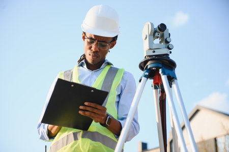 African american surveyor in hard hat and safety vest working outdoors, using a theodolite for land measurement and construction planningの写真素材