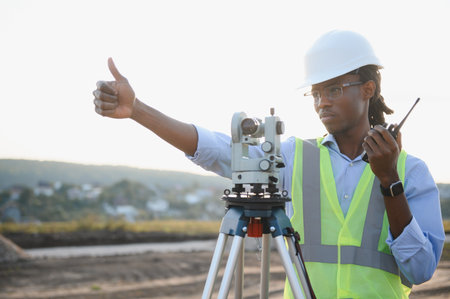 African american construction site manager or engineer making a positive hand gesture while working with a surveying instrument and walkie talkieの写真素材