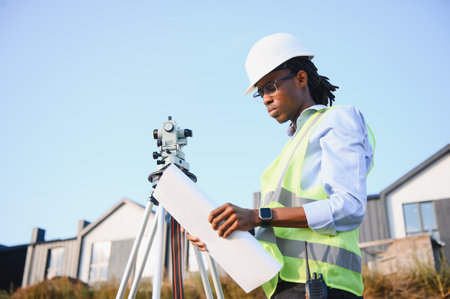 African american engineer in hard hat and safety vest checking blueprints while surveying new building siteの写真素材