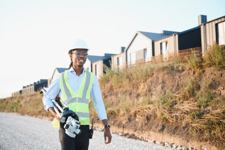 African american surveyor professional carrying a total station and tripod, walking on a gravel path at a housing construction siteの写真素材