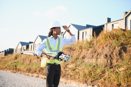 African american surveyor carrying surveying equipment and looking ahead at new residential development construction siteの写真素材