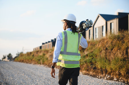 African american surveyor walking on a gravel path at a housing construction site. He is wearing a hard hat and safety vestの写真素材