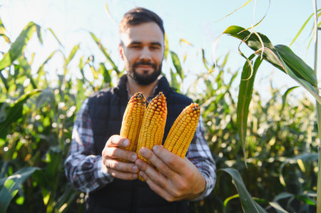 Farmer showing freshly picked corn while standing in a green cornfield during harvest season, representing agriculture and good crop yieldの写真素材
