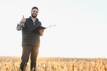 Smiling farmer holding clipboard, giving thumbs up for successful agri business. Planning growing season in golden soybean fieldの写真素材