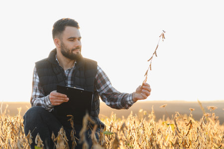 Agronomist inspecting soybean plant pods, holding a clipboard and looking at the crop during golden hour for quality controlの写真素材