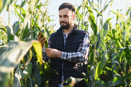 Young man observing corn crop for quality and growth. Sustainable agricultural practices for farming and harvestの写真素材