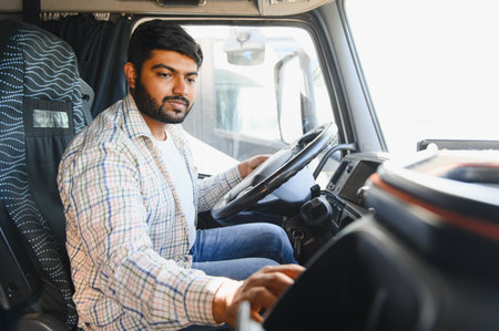 Indian man driving a heavy goods vehicle, working in transportation industry, responsible for cargo...