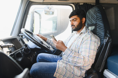Indian male truck driver texting on a smartphone while sitting in the truck's cab. Technology and...