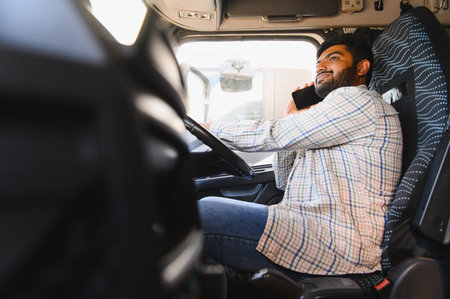 Young man driving a semi truck and having a phone conversation. Transportation and communication...