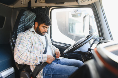 Young man truck driver buckling seatbelt inside cabin, preparing for long haul transportation....