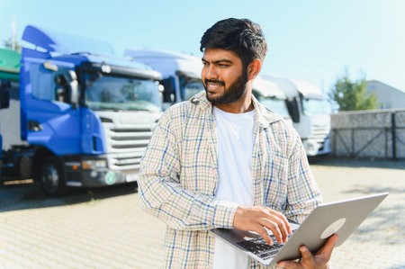 Young Indian truck driver standing near trucks, using laptop for logistics management in road transport industryの写真素材