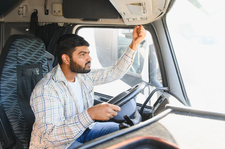 Young Indian man driving a big rig, looking forward through the windshield, focused on his...