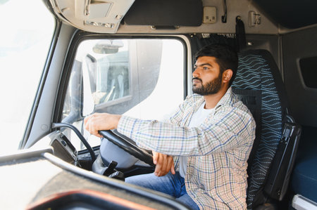 Professional Indian truck driver operating a heavy vehicle, focusing on the road ahead. Transporting...
