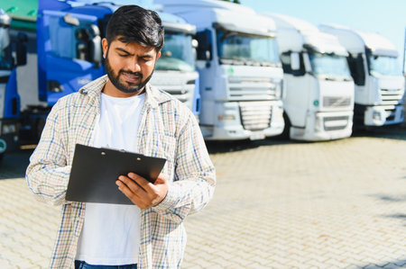 Young man holding a clipboard, inspecting cargo shipment papers at a truck fleet parking lot,...