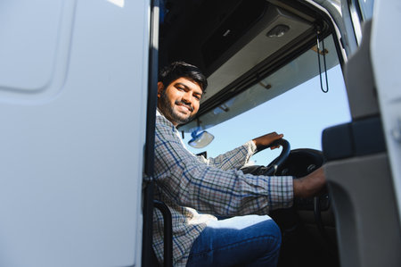 Smiling man truck driver looking at camera while holding steering wheel inside truck cab, ready for...